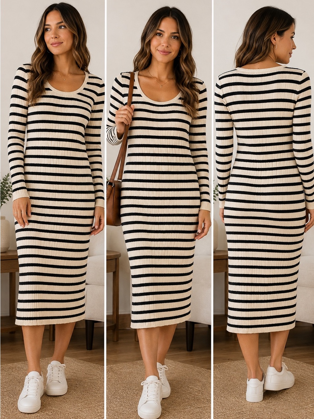 Universal Thread Women’s Cream Black Striped Ribbed Long Sleeve Midi Dress